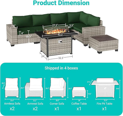 7-Piece Outdoor Patio Furniture Set with 55,000 BTU Fire Pit Table, PE Wicker Rattan Sectional Sofa Patio Conversation Set with Thickened Cushions & Coffee Table, Dark Green