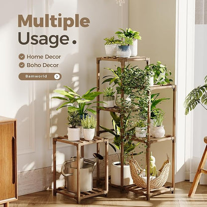 Bamworld Plant Stand Indoor Corner Plant Shelf Wood Plant Holder for Multiple Plants Tall Flower Stands Plants Table Rack Garden Patio Lawn Window 03H, Brown