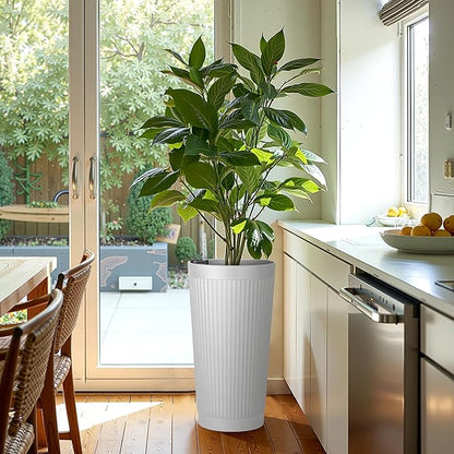 24in Tall Self-Watering Planters Set of 2 - White Flower Pots with Water Level Monitor, Non-Toxic Plastic Planters for Indoor Outdoor Patio, Porch, Living Room, Home Office