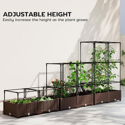 Outsunny Raised Garden Bed with Trellis, 46.5" Tomato Cage with Crop Cage, Self Watering Planter Box with Drainage Holes and Plugs for Outdoor Patio Climbing Plants, Vines, Vegetables, Flowers, White
