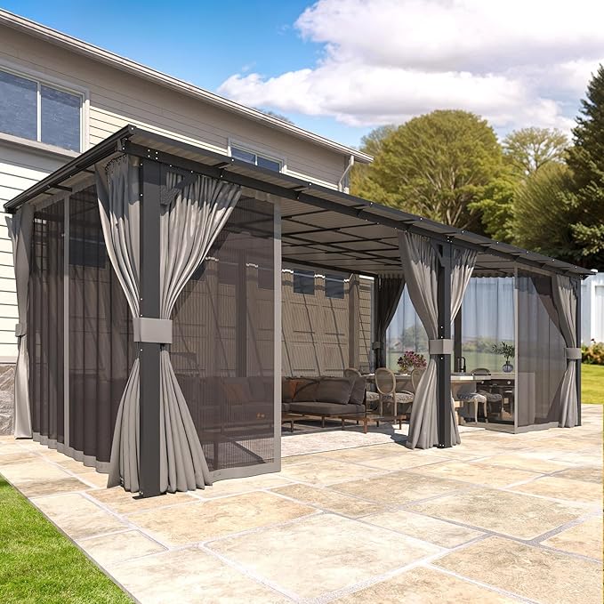 AECOJOY 20' X 12' Gazebo for Patio, Large Wall-Mounted Lean to Pergola Gazebo with Curtains and Netting, 12x20 Hard Top Pergolas and Gazebos on Clearance for Lawn Backyard Garden Deck