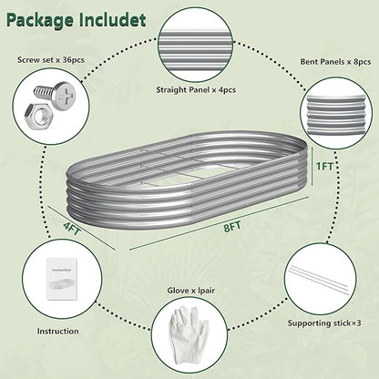 2PCS 8x4x1FT Galvanized Raised Garden Bed Kit,Vegetable Boxes-Oval Metal Flower Box,Large Planter Raised Beds Outdoor Garden for Planting,Fruit,Herb-Silver
