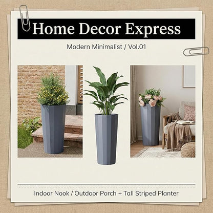 23.6" H Tall Planters for Outdoor Plants, 2 Pack Large Outdoor Planters for Porch Decor with Automatic Drainage Hole, Plastic Stripe Design Flower Pots Fits Indoor Plants Patio Garden, Black