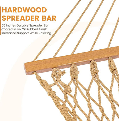 Lazy Daze Hammocks Double Rope Hammock, 2 Person Traditional Outdoor Hand Woven Cotton Rope Hammock with Spreader Bar, Carabiners, Tree Straps, Chains for Patio Yard - Max 450 Lbs, Tan