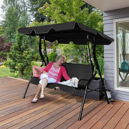 Porch Swing, 3-Seat Outdoor Swing with Adjustable Canopy in Black
