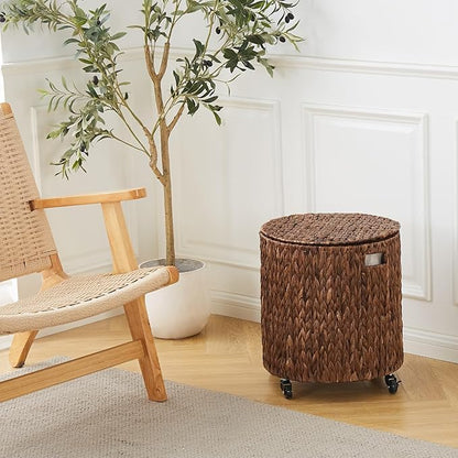 Wimarsbon Round Pouf Ottomans, Handwoven Natural Water Hyacinth Seagrass Pouffe,Outdoor Rattan Stool Accent Seat, Bohemian Coastal Home Decor (Storage Ottoman - Dark Water Hyacinth Braid)