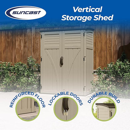 Suncast Outdoor Storage Shed, Water Resistant Resin Vertical Outdoor Storage Cabinet for Patio, Garden Tools, Cushions, & Equipment, Weatherproof Multi-Wall Design, 54 cu. ft., Made in USA