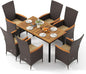 Tangkula 7 Pieces Rattan Outdoor Dining Set for 6, Outdoor Acacia Wood Table Set with 6 Cushioned Wicker Chairs, Umbrella Hole, Patio Dining Furniture Set for Deck Pool Backyard