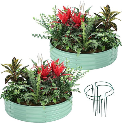 Galvanized Metal Planter Round Raised Garden Bed Kit for Gardening Outdoor，2x2x1ft 2PC Grow Garden Box Raised Flower Bed，Round Galvanized Planter Outdoor Metal Fire Pit Ring Green