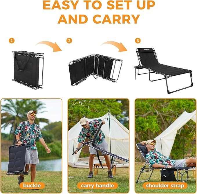KingCamp Oversize Lounge Chair Outdoor, Extra Large Padded Folding 5 Positions Chaise Tanning Chairs with Pillow & Side Table for Outside Sunbathing Beach Patio Pool Camping (Black)
