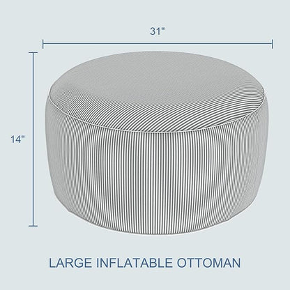 LVTXIII Indoor/Outdoor Extra Large Inflatable Ottoman Pouf D31 x H14 Inch, Round Footstool with Handle, Weather-Resistant Portable Furniture for Patio, Camping, Beach, Strip Grey