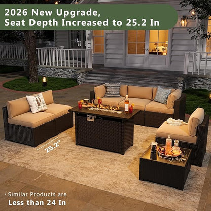 Aoxun 8 Piece Patio Furniture Set with 44” Fire Pit Table Wicker Rattan Patio Sectional Sofa Set Outdoor Seating Furniture with Thickened Cushion, Beige