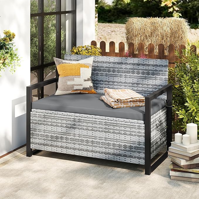 Patio Storage Bench, 43.5 in Wide PE Rattan, 40 Gallon Capacity