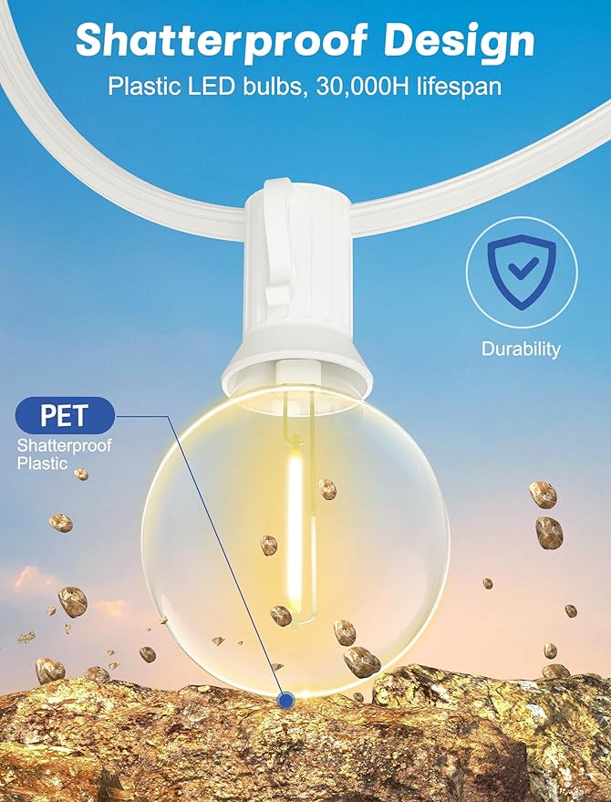 String Lights, Warm White G40 LED Outdoor, 50 Bulbs