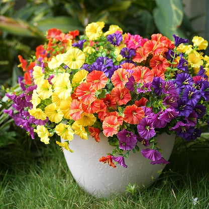 Artificial Flowers for Outdoors, UV Resistant Fake Silk Morning Glory, Realistic Faux Plants for Outside Porch Patio Window Box Hanging Planter (12, Purple Fuchsia Yellow Orange)