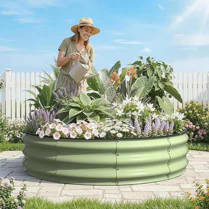 Kesfitt Round Raised Garden Bed, 4x4x1 FT Galvanized Steel Metal Garden Bed, Open-Bottom Design, 12-Inch Deep Outdoor Raised Garden Bed for Vegetables & Herbs, Fruit Green