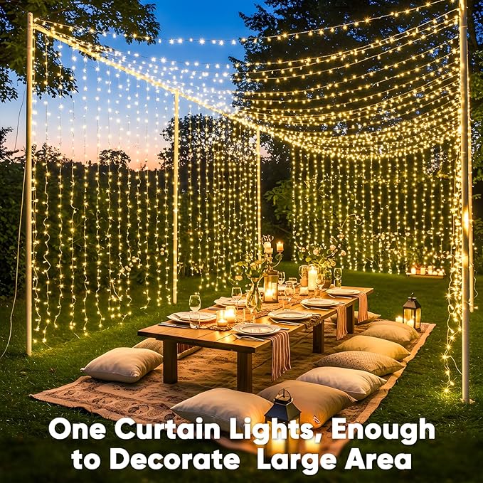String Curtain Lights, 600 LED Warm White, 19.6 x 9.8 ft