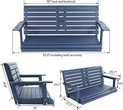 Poly Lumber 2-Seat Porch Swing, HIPS 4.5-Feet Bench Swing with Foldable Cup Holders,18/8 Stainless Steel Hardware, High Backrest and Deep Contoured Seat (Navy Blue, 4.5-feet)