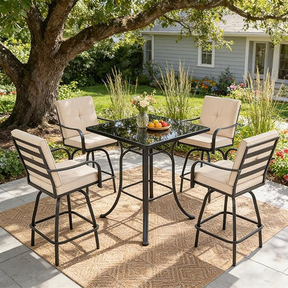 Patio Swivel Bar Stools Set of 4, Outdoor Bar Height Swivel Chairs with Cushions for Garden Balcony Backyard, Beige