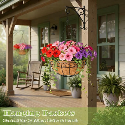 4 Pack 10 Inch Hanging Baskets for Plants Outdoor Metal Hanging Planter Hanging Flower Baskets with Coco Fiber Liners Chain Round Wire Plant Holder Hangings Flower Pots(Plaid)