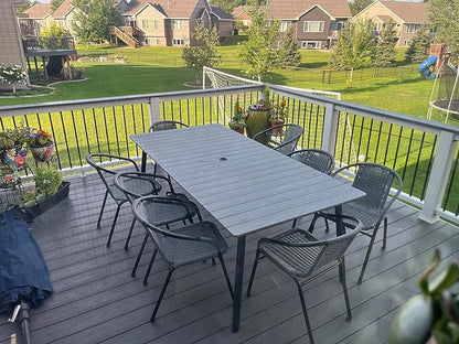 95" Patio Outdoor Dining Table for 8-10, Weather-Resistant Aluminum Frame with Wood-Grain Top & Umbrella Hole for Deck Gatherings, Grey