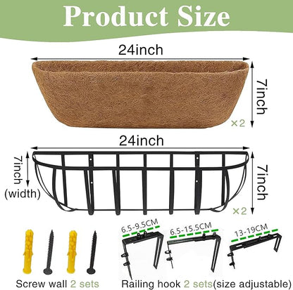 24 Inch Railing Planter Window Box Deck Balcony Rail Planter with Coco Liner Metal Wall-Mounted Coconut Liner Planter Basket English Horse Trough Planters for Outdoor Balcony Porch Fence (2 Pack)