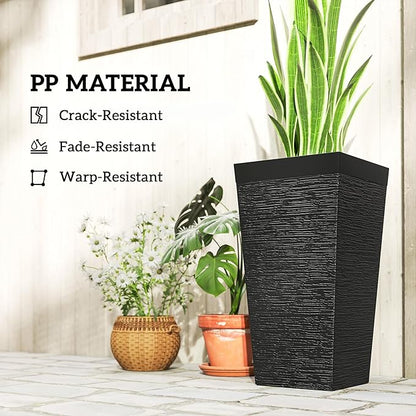 Outsunny 22.8 Inch Tall Planters for Outdoor Plants, Set of 3 Plastic Flower Pots with Stone Finish and Wheels, Stackable Tapered Planters with Drainage Hole for Indoor Plants, Front Porch, Black