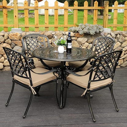 5-Piece Cast Aluminum Outdoor Patio Dining Set, All Weather Cast Aluminum Outdoor Furniture Dining Set for Patio, Balcony, Lawn, Garden, Backyard w/4 Chairs and Cushions, 2.0" Umbrella Hole
