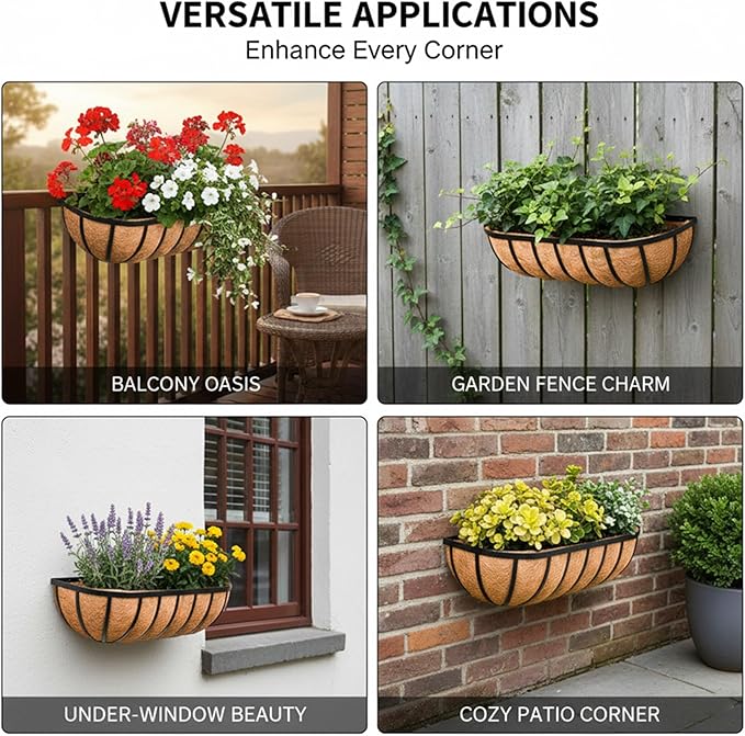 24“ Window Box Railing Planter with Coco Liner Metal Wall-Mounted Coconut Liner Planter Basket English Horse Trough Planters for Outdoor Deck Balcony Porch Fence Patio Black (2 Pack)