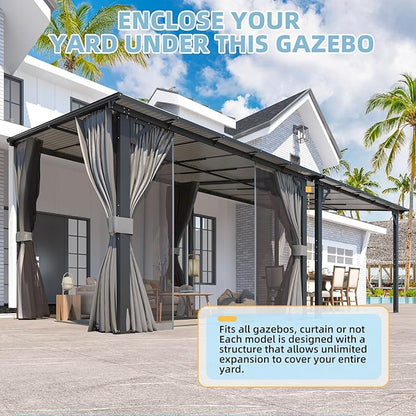 AECOJOY 10’ x 10’ Gazebo, Wall Mounted Gazebos Pergola with Curtains and Mosquito Netting, Enhanced Protective Outdoor Patio Lean to Gazebo Awnings for Deck, Porch, Backyard and Outside