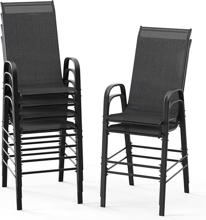 VINGLI Outdoor Bar Chairs Set of 6 – Stackable Outdoor Bar Stools with Sturdy Sling High Back and Armrests for Lawn, Courtyard, Garden, Bar, Black