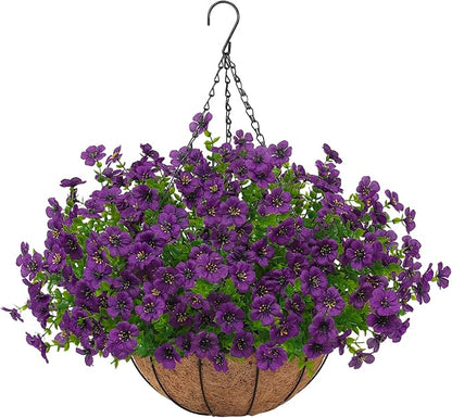 Artificial Faux Hanging Plants Flowers Basket for Outdoors Spring Summer Decoration, Hanging Planters with Fake Silk Flowers UV Resistant Realistic for Outside Porch Patio Balcony Garden Home （Purple）