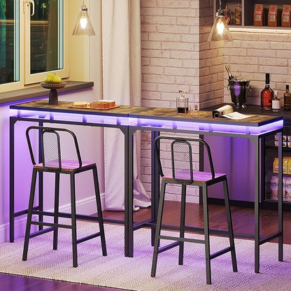 Bar Table with LED Lights, Counter Height Bar Height Table, Pub Gaming Table, Metal Frame, for Living Room, Dining Room, Pub, Rustic Brown and Black BT01DBR