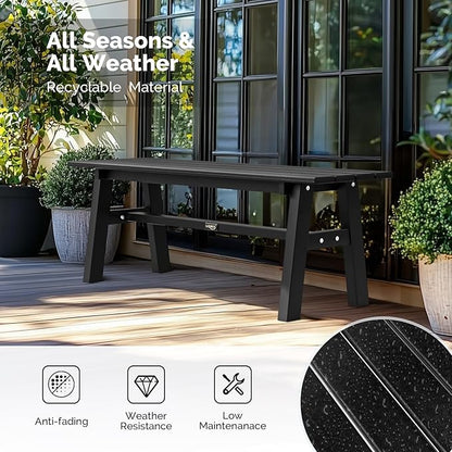 VINGLI 47” Outdoor HDPE Bench, Weatherproof Garden Bench w/Metal Legs, Poly Lumber Porch Benches, 660 LBS Capacity Outdoor Backless Patio Benches for Entryway Deck (Black)