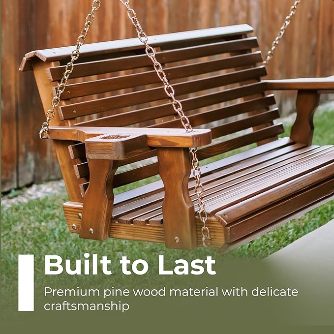 Amish Casual 6 Foot Roll Back Porch Swing with Cup Holders in Cedar Stain - Amish Made in The USA from Treated Pine Heavy Duty 700 Lb. Weight Capacity