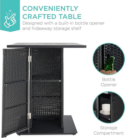 Best Choice Products 5-Piece Outdoor Wicker Bar Table Set for Patio, Poolside, Backyard w/Built-in Bottle Opener, Hidden Storage Shelf, Metal Tabletop, 4 Stools - Black