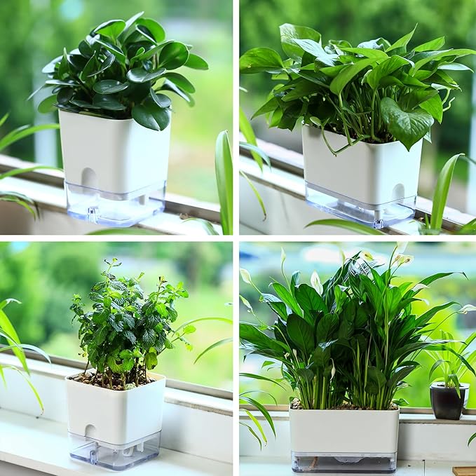 Planterhoma Self Watering Plant Pots for Indoor Plants 7 inch, 4 Packs Rectangle Self-Watering Planters with Drainage Hole, White African Violet Pots for Devil's Ivy, Spider Plant, Orchid, Herb