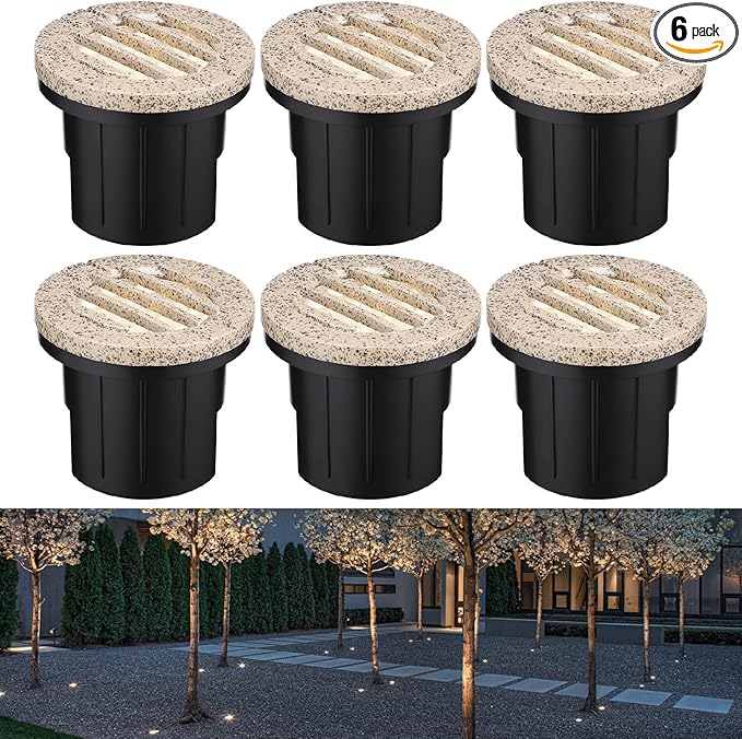 LEONLITE Dia. 4 Inch Well Lights Landscape LED In Ground, Grated Top, 3000K Warm White, 12-24V AC/DC CRI90 Low Voltage Garden Landscaping, Rock Color Aluminum Housing, Pack of 6