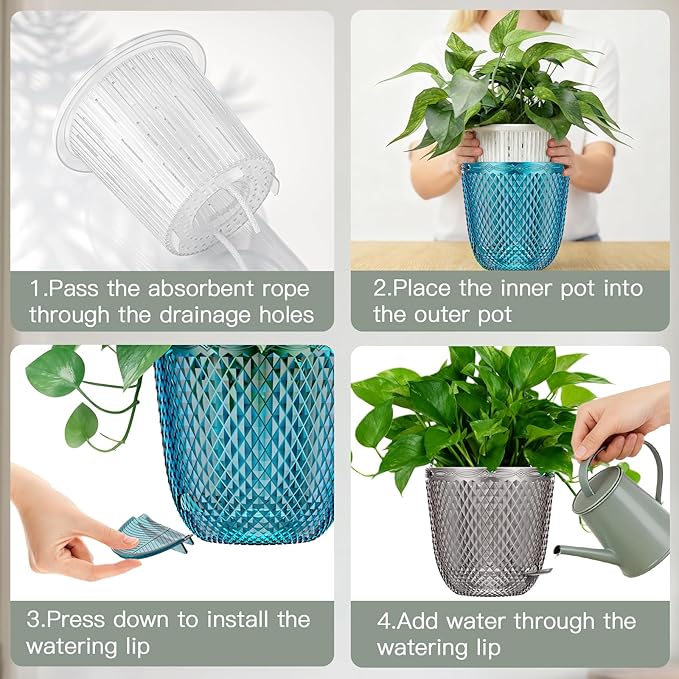 QCQHDU 2 Pack Self Watering Pots, 7.2 Inch Flower Pots with Drainage Holes and Water Filling Port, Garden Planter for Indoor Outdoor Plants (Klein Blue)