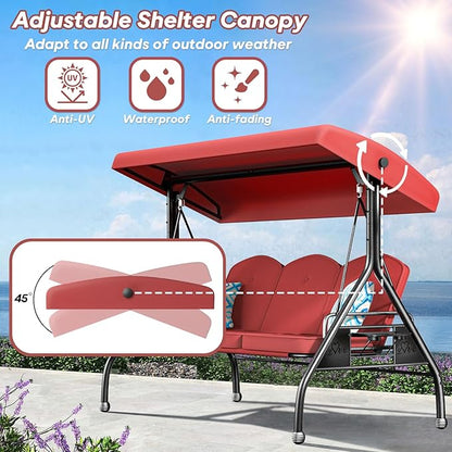 3 Seat Outdoor Porch Patio Swing with Stand 800lbs 2-in-1 Convertible Swing Bed with Adjustable Canopy & Removable Cushion for Yard Garden Deck (Wine Red, Round Tube)