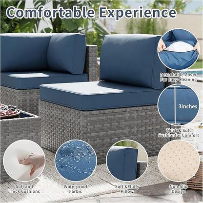 SUNLEI 5pcs Patio Furniture Sets Conversation Set, Low Back All-Weather Rattan Sectional Sofa with Tea Table&Washable Couch Cushions, Outdoor Furniture Set (Silver Rattan)