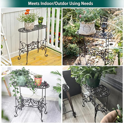 Sungmor Heavy Duty Cast Iron Potted Plant Stand Garden Table - 22.6IN. 1 Tier Metal Stands - Decorative & Vintage Style Indoor Outdoor Corner Shelf for Planters Vases Lanterns Ornaments Books and More