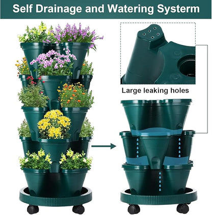 Umigy 2 Set 5 Tier Stackable Planters Vertical Garden Planters for Strawberry Herb Flower and Vegetable Indoor Outdoor Gardening Pots with Removable Wheels and Bottom(Dark Green)