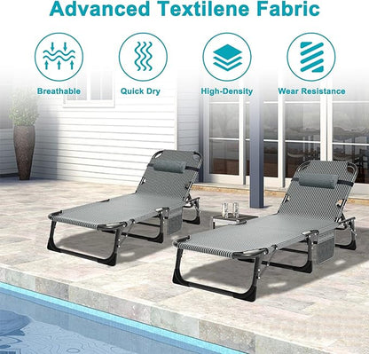ABORON 2PK Heavy Duty Tanning Chair, 5-Gear Outdoor Folding Chaise Lounge Chair with Cushion,Portable Beach Lounge Chair for Outdoor Sunbathing Patio Pool Lawn Deck Poolside