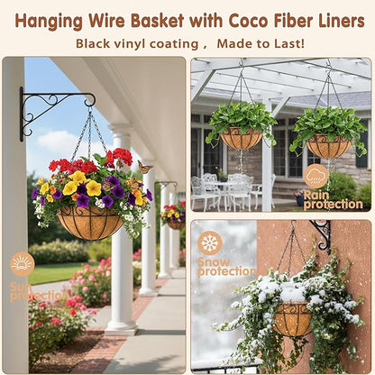 12 inch Metal Hanging Baskets For Plants Outdoor 4 Pack Round Metal Wire Hanging Basket Planter with Coco Fiber Liners Chain Round Wire Plant Holder for Garden, Patio, Deck, Porch Plants Flower Potss