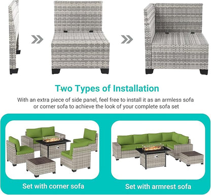 7-Piece Outdoor Patio Furniture Set with 55,000 BTU Fire Pit Table, PE Wicker Rattan Sectional Sofa Patio Conversation Set with Thickened Cushions & Coffee Table, Avocado Green