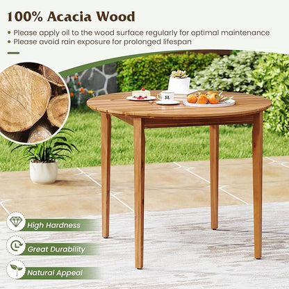 Tangkula 36" Round Outdoor Dining Table for 4, Acacia Wood 4-Person Patio Table with Slatted Tabletop & Adjustable Foot Pads, Indoor Outdoor Dining Furniture for Deck, Garden, Poolside & Backyard