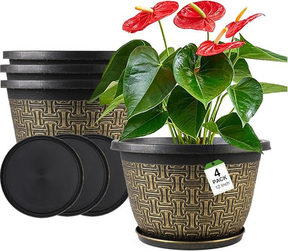 4 Pack 12 Inch Plant Pots,Large-Plant-Flower-Planters-Plastic, Flower Pots Outdoor Indoor with Drainage Holes & Trays, Retro Antique Imitation Decorative Garden Sets for Houseplants