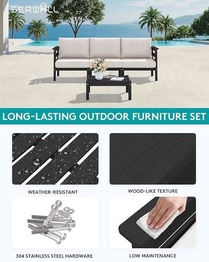 SERWALL HDPE Patio Furniture Set, 2 Pieces Outdoor Sectional Sofa Set, All-Weather Wood-Like Outdoor Sofa Couch with Coffee Table for Deck, Lawn, Black Frame with Khaki Cushion