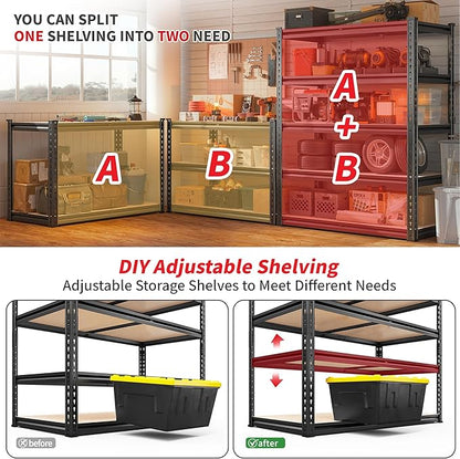REIBII 2400LBS Storage Shelves 5 Tier Garage Shelving Heavy Duty, Adjustable Metal Shelving, Garage Shelves for Basement, Warehouse, Pantry, Closet, Kitchen 72" H x 35.55" W x 16" D, Black, 3 Pack
